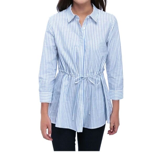 NEW English Factory Blue & White Striped Peplum Blouse with Drawstring Tie Waist - Picture 1 of 9